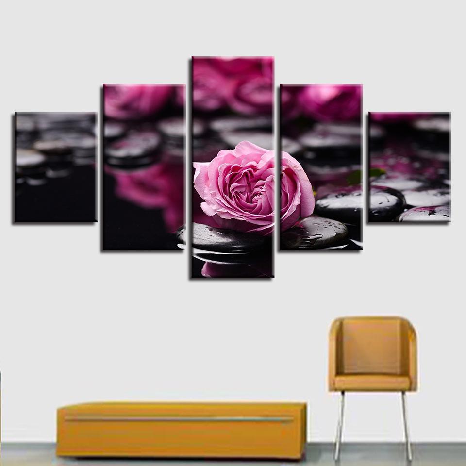 Pink Flowers Stone - Nature 5 Panel Canvas Art Wall Decor Pink Flowers Stone - Nature 5 Panel Canvas Art Wall Decor