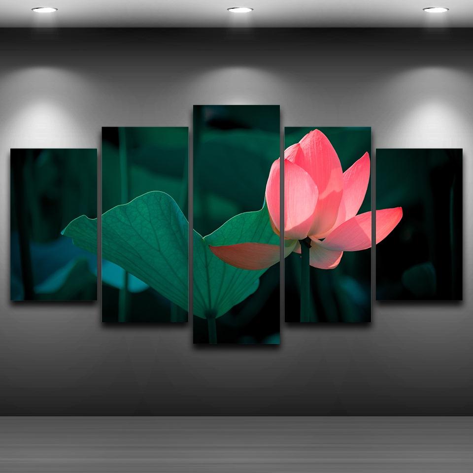 Pink Lotus Flower - Nature 5 Panel Canvas Art Wall Decor Pink Lotus Flower - Nature 5 Panel Canvas Art Wall Decor