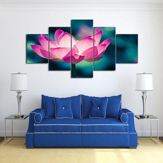 Pink Lotus - Nature 5 Panel Canvas Art Wall Decor Pink Lotus - Nature 5 Panel Canvas Art Wall Decor