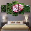 Pink Rose Flower Green Grass - Nature 5 Panel Canvas Art Wall Decor