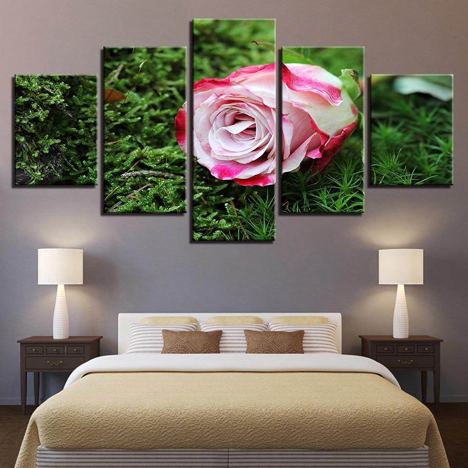Pink Rose Flower Green Grass - Nature 5 Panel Canvas Art Wall Decor Pink Rose Flower Green Grass - Nature 5 Panel Canvas Art Wall Decor