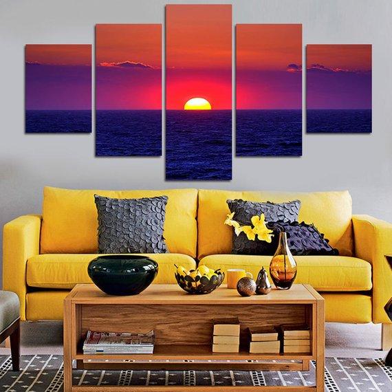 Pink Sunset Sea 2 - Nature 5 Panel Canvas Art Wall Decor Pink Sunset Sea 2 - Nature 5 Panel Canvas Art Wall Decor