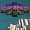 Pink Tulip Flower Field Sunset - Nature 5 Panel Canvas Art Wall Decor