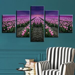 Pink Tulip Flower Field Sunset - Nature 5 Panel Canvas Art Wall Decor