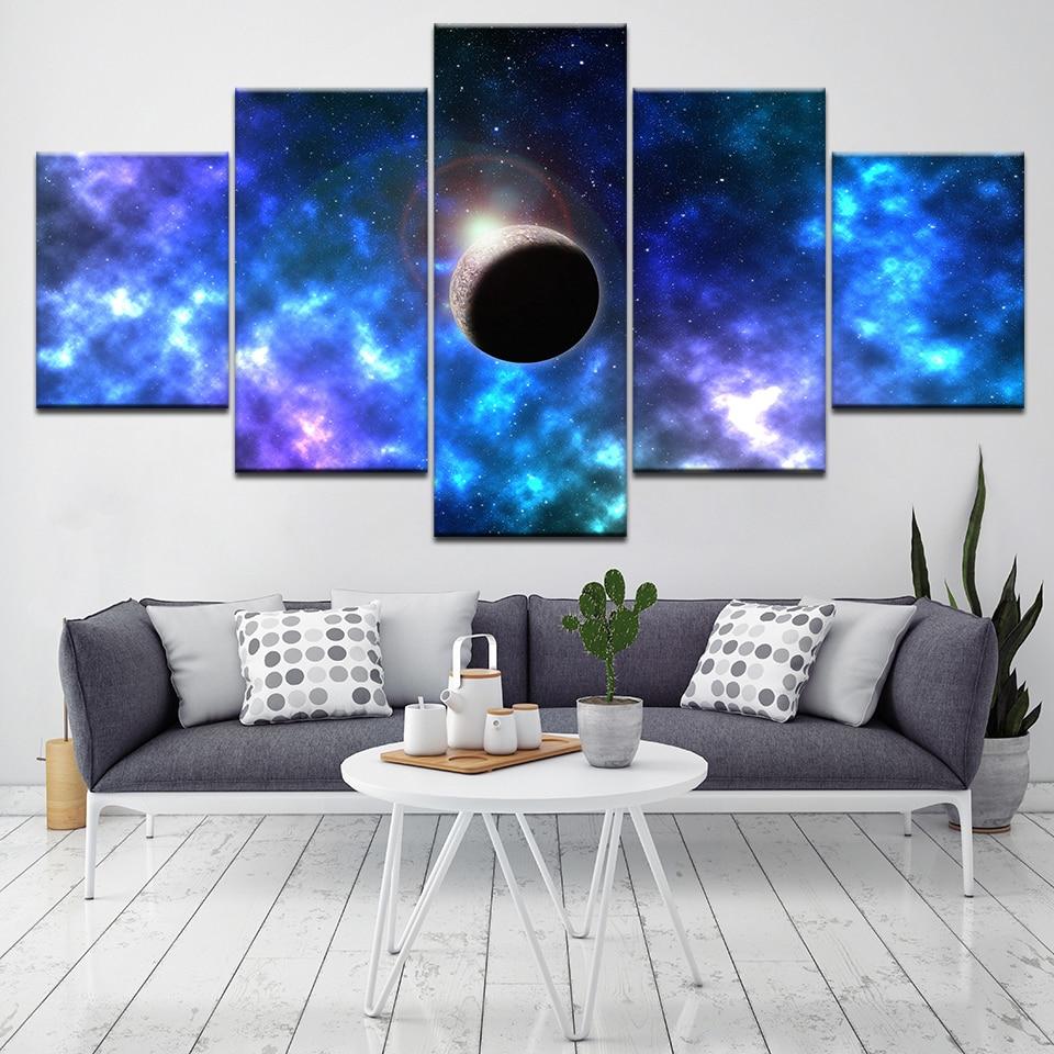 Planet In Blue Nebula - Space 5 Panel Canvas Art Wall Decor Planet In Blue Nebula - Space 5 Panel Canvas Art Wall Decor
