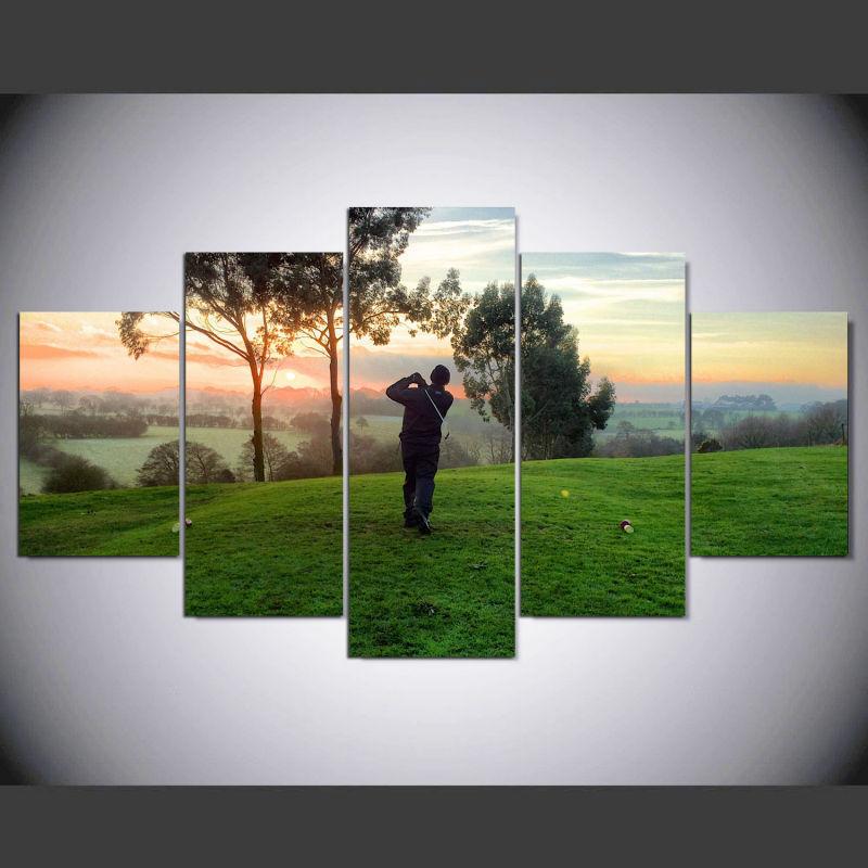 Playing Golf Sunrise Landscape - Sport 5 Panel Canvas Art Wall Decor Playing Golf Sunrise Landscape - Sport 5 Panel Canvas Art Wall Decor