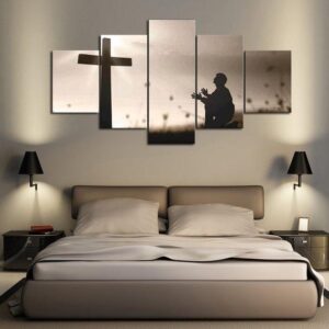 Praying Cross Multi - Religion 5 Panel Canvas Art Wall Decor
