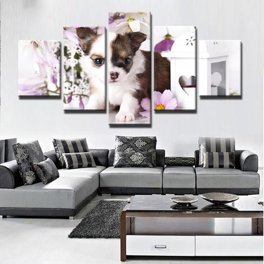 Puppy And Flowers - Animal 5 Panel Canvas Art Wall Decor Puppy And Flowers - Animal 5 Panel Canvas Art Wall Decor