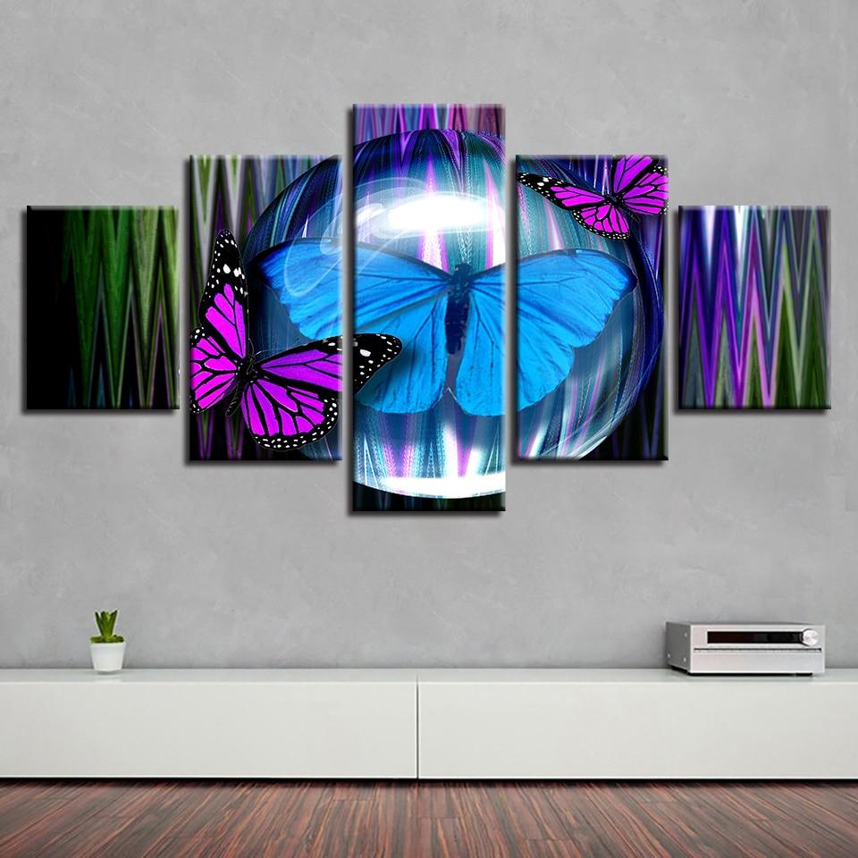 Purple And Blue Butterfly - Animal 5 Panel Canvas Art Wall Decor Purple And Blue Butterfly - Animal 5 Panel Canvas Art Wall Decor