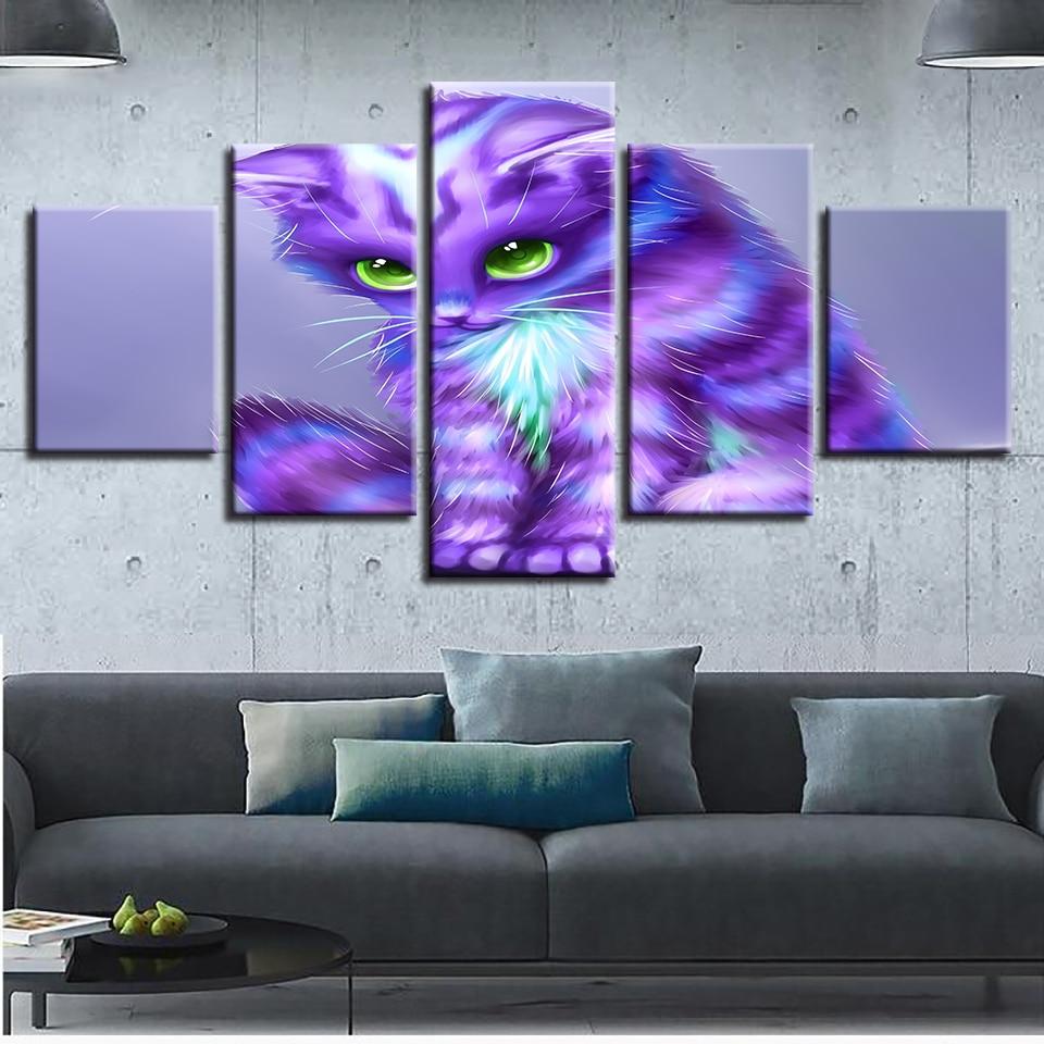 Purple Cats Green Eyes - Animal 5 Panel Canvas Art Wall Decor Purple Cats Green Eyes - Animal 5 Panel Canvas Art Wall Decor