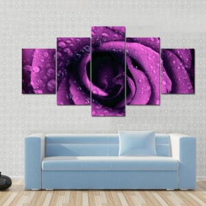 Purple Dark Rose With Dew Drops - Nature 5 Panel Canvas Art Wall Decor