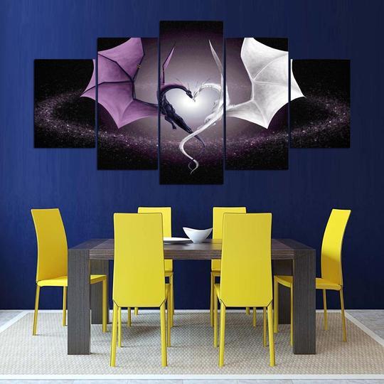 Purple Dragon White Dragon Heart - Abstract 5 Panel Canvas Art Wall Decor Purple Dragon White Dragon Heart - Abstract 5 Panel Canvas Art Wall Decor