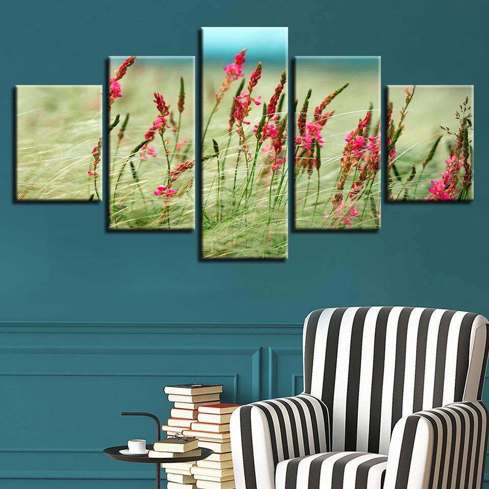 Purple Flower And Grass - Nature 5 Panel Canvas Art Wall Decor Purple Flower And Grass - Nature 5 Panel Canvas Art Wall Decor