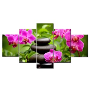 Purple Flower Green Leaf Stone - Nature 5 Panel Canvas Art Wall Decor
