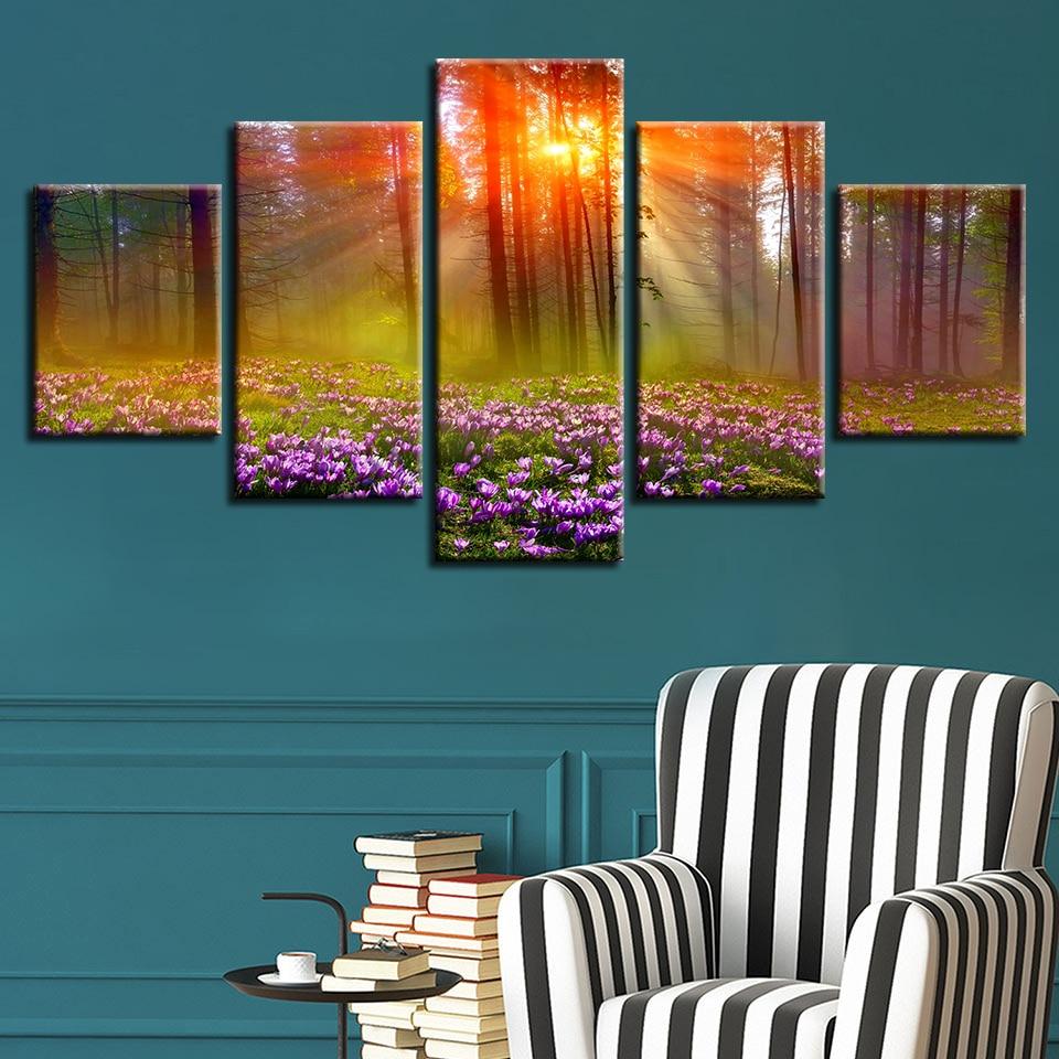 Purple Flower Sunshine - Nature 5 Panel Canvas Art Wall Decor Purple Flower Sunshine - Nature 5 Panel Canvas Art Wall Decor