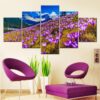 Purple Flowers Snow Mountain - Nature 5 Panel Canvas Art Wall Decor
