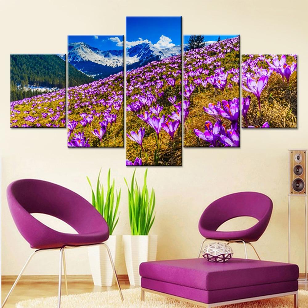 Purple Flowers Snow Mountain - Nature 5 Panel Canvas Art Wall Decor Purple Flowers Snow Mountain - Nature 5 Panel Canvas Art Wall Decor