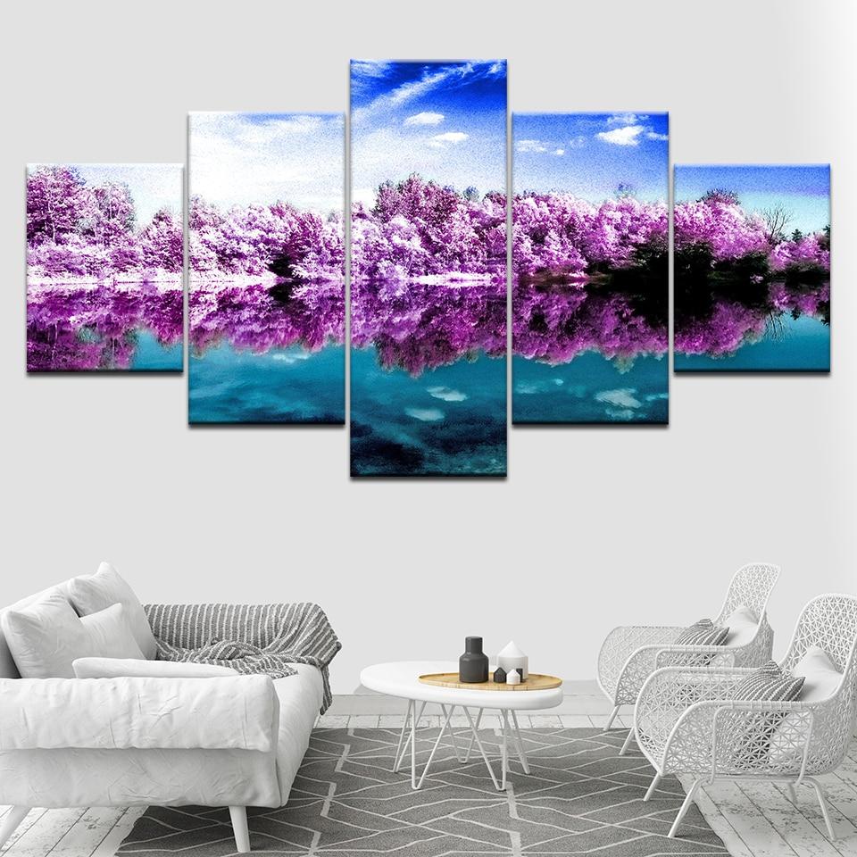 Purple Forest Lake - Nature 5 Panel Canvas Art Wall Decor Purple Forest Lake - Nature 5 Panel Canvas Art Wall Decor