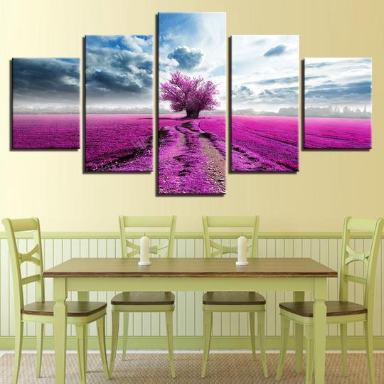 Purple Lavender Tree In A Field - Nature 5 Panel Canvas Art Wall Decor Purple Lavender Tree In A Field - Nature 5 Panel Canvas Art Wall Decor