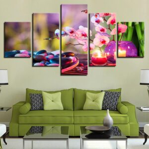 Purple Moth Orchid Candle - Nature 5 Panel Canvas Art Wall Decor