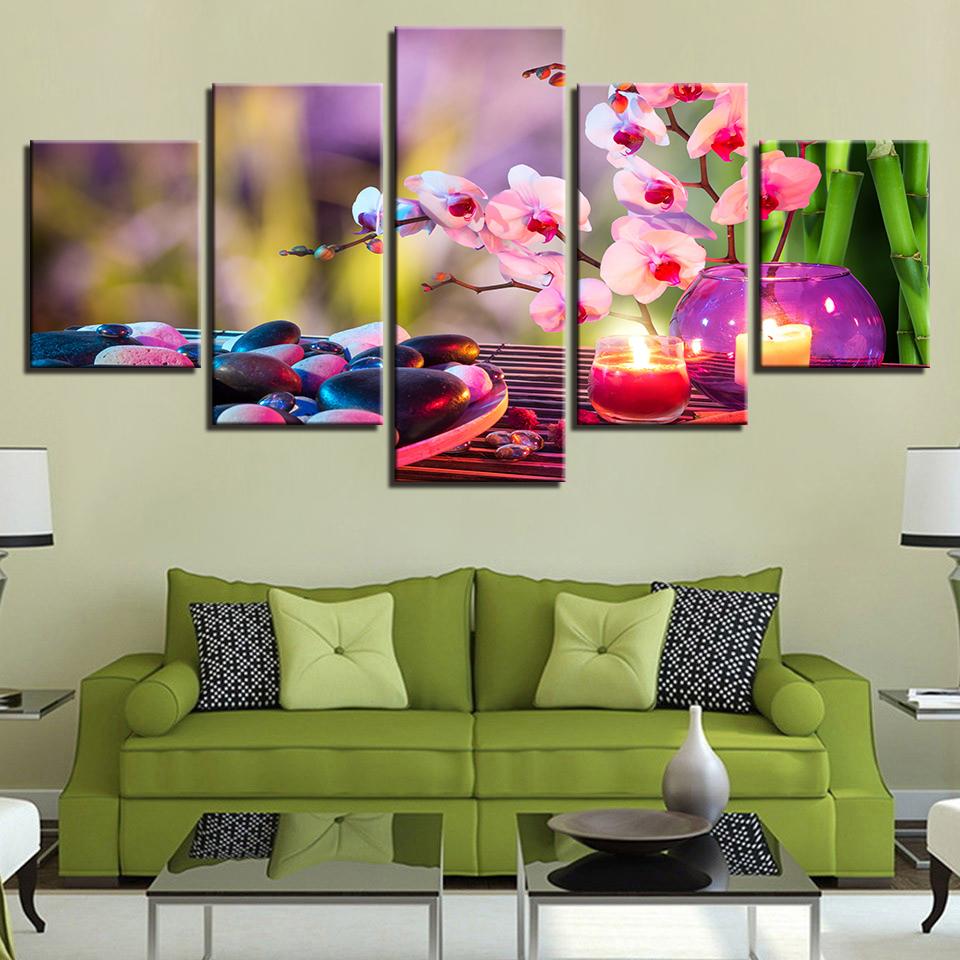 Purple Moth Orchid Candle - Nature 5 Panel Canvas Art Wall Decor Purple Moth Orchid Candle - Nature 5 Panel Canvas Art Wall Decor