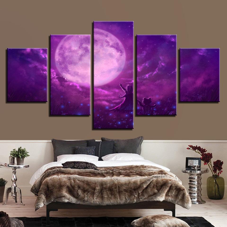 Purple Sky Abstract Moon Night - Space 5 Panel Canvas Art Wall Decor Purple Sky Abstract Moon Night - Space 5 Panel Canvas Art Wall Decor