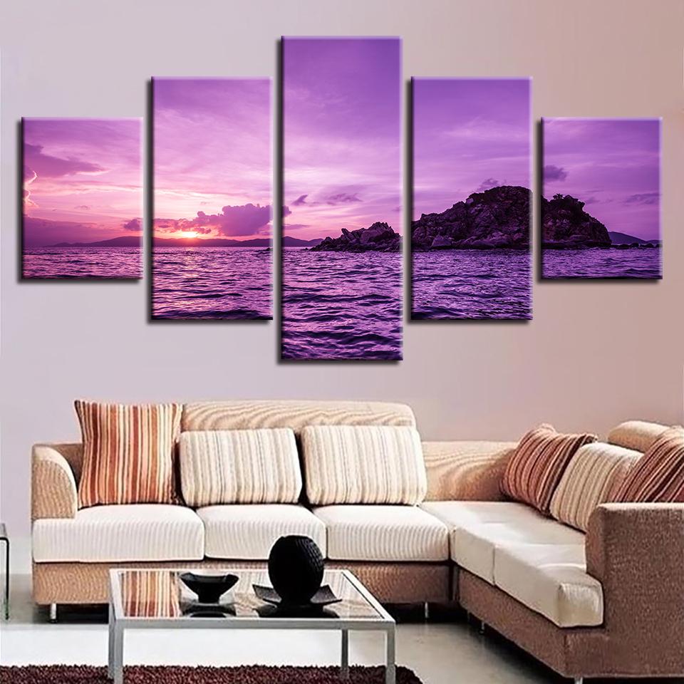 Purple Sky And Island Sea View - Nature 5 Panel Canvas Art Wall Decor Purple Sky And Island Sea View - Nature 5 Panel Canvas Art Wall Decor