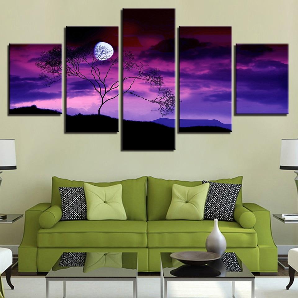 Purple Sky Moon Night - Nature 5 Panel Canvas Art Wall Decor Purple Sky Moon Night - Nature 5 Panel Canvas Art Wall Decor