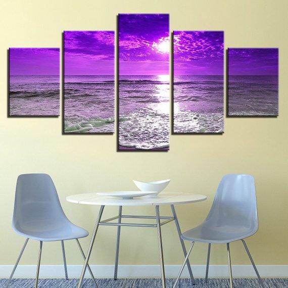 Purple Sky Over Beach - Nature 5 Panel Canvas Art Wall Decor Purple Sky Over Beach - Nature 5 Panel Canvas Art Wall Decor