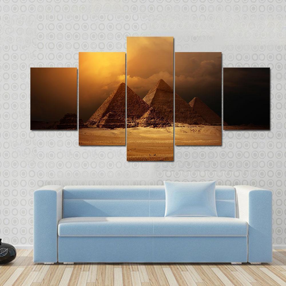 Pyramids In Giza Valley Under Dark Clouds - Nature 5 Panel Canvas Art Wall Decor Pyramids In Giza Valley Under Dark Clouds - Nature 5 Panel Canvas Art Wall Decor
