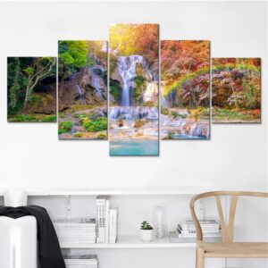 Rainbow Waterfall - Nature 5 Panel Canvas Art Wall Decor