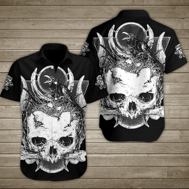 Raven Death Human Skull Hawaiian Shirt Summer Button Up Raven Death Human Skull Hawaiian Shirt Summer Button Up