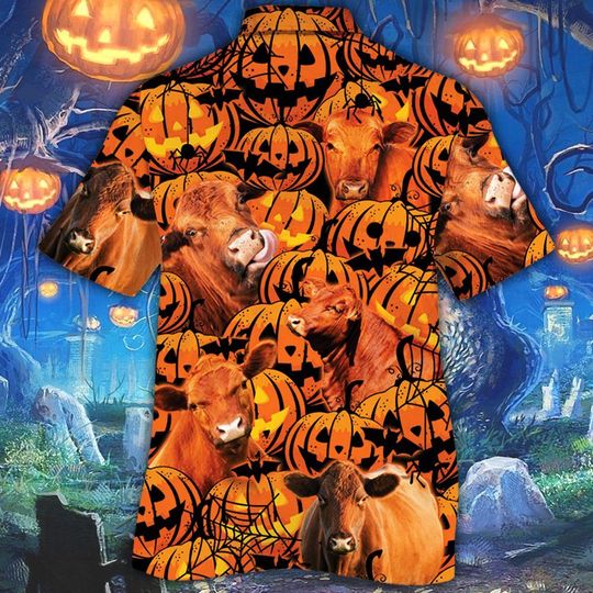 Red Angus Cattle Halloween Pumpkin Hawaiian Shirt Red Angus Cattle Halloween Pumpkin Hawaiian Shirt