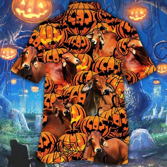 Red Brahman Cattle Halloween Pumpkin Hawaiian Shirt Red Brahman Cattle Halloween Pumpkin Hawaiian Shirt