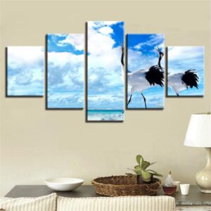 Red-Crowned Crane Blue Sky - Animal 5 Panel Canvas Art Wall Decor