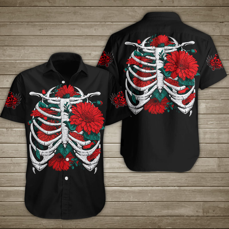 Red Daisy Rib Cage Hawaiian Shirt Summer Button Up Red Daisy Rib Cage Hawaiian Shirt Summer Button Up