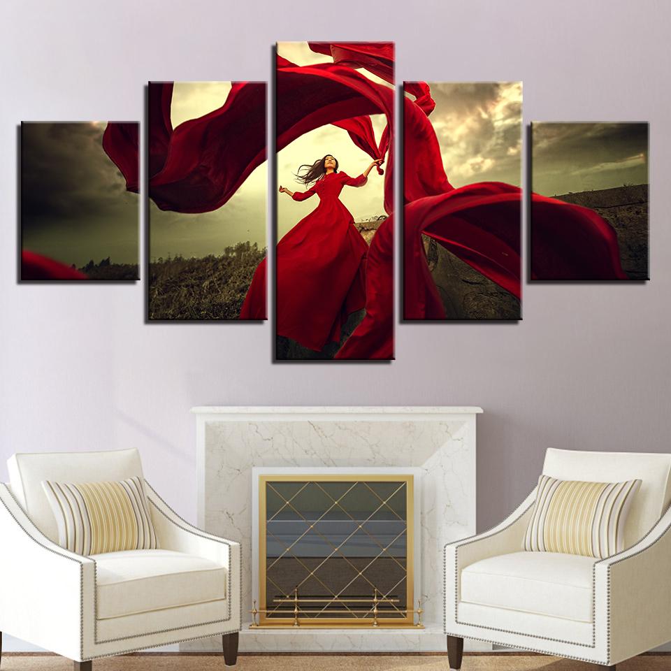 Red Dress Girl Pictures Dancing Skirt In The Wind - Abstract 5 Panel Canvas Art Wall Decor Red Dress Girl Pictures Dancing Skirt In The Wind - Abstract 5 Panel Canvas Art Wall Decor