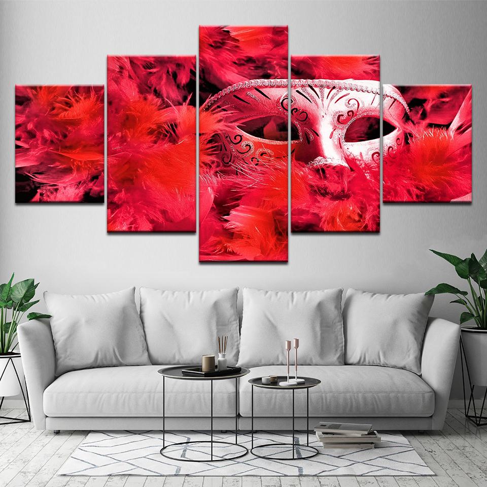 Red Feather Mask - Abstract 5 Panel Canvas Art Wall Decor Red Feather Mask - Abstract 5 Panel Canvas Art Wall Decor
