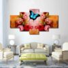 Red Flowers And Butterfly - Nature 5 Panel Canvas Art Wall Decor