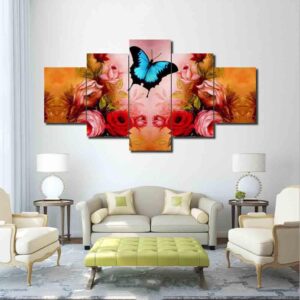 Red Flowers And Butterfly - Nature 5 Panel Canvas Art Wall Decor