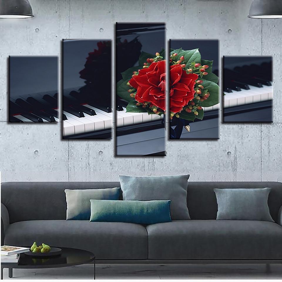 Red Flowers Black And White Piano Key - Music 5 Panel Canvas Art Wall Decor Red Flowers Black And White Piano Key - Music 5 Panel Canvas Art Wall Decor