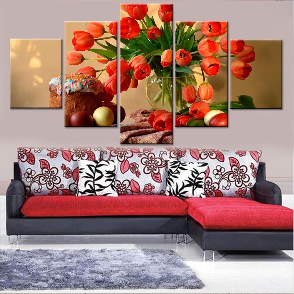 Red Flowers Cake - Nature 5 Panel Canvas Art Wall Decor Red Flowers Cake - Nature 5 Panel Canvas Art Wall Decor
