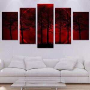 Red Forest Large - Nature 5 Panel Canvas Art Wall Decor