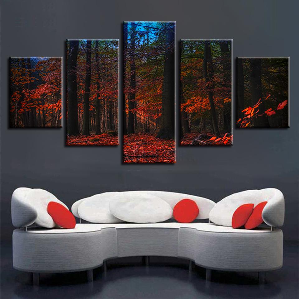 Red Forest Night View - Nature 5 Panel Canvas Art Wall Decor Red Forest Night View - Nature 5 Panel Canvas Art Wall Decor