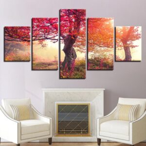 Red Forest Sunshine - Nature 5 Panel Canvas Art Wall Decor