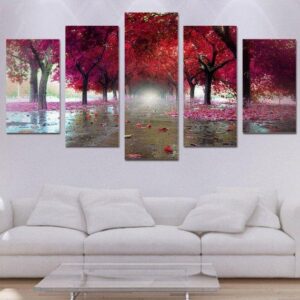 Red Forest Tunnel - Nature 5 Panel Canvas Art Wall Decor