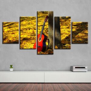 Red Guitar And Trees Sunshine - Music 5 Panel Canvas Art Wall Decor