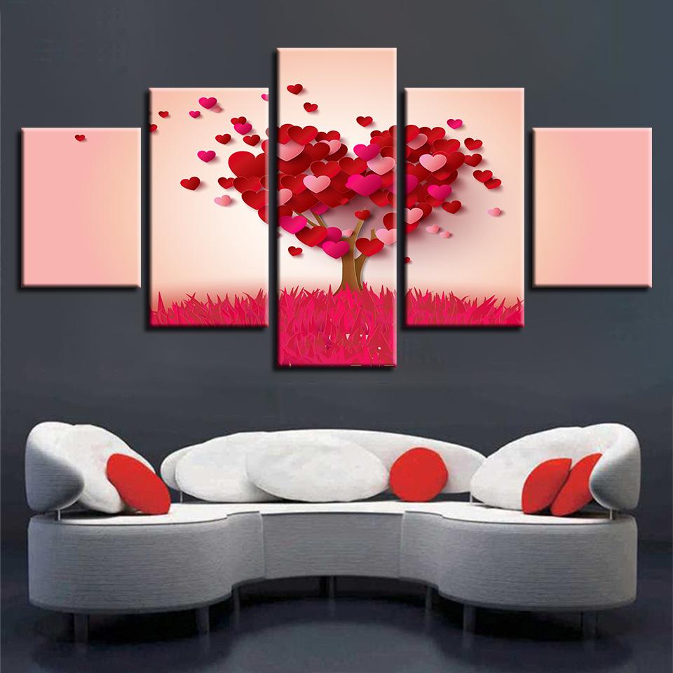 Red Heart Shape Trees - Abstract 5 Panel Canvas Art Wall Decor Red Heart Shape Trees - Abstract 5 Panel Canvas Art Wall Decor