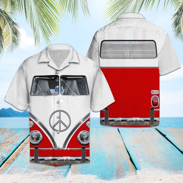 Red Hippie Bus Hawaiian Shirt Summer Button Up Red Hippie Bus Hawaiian Shirt Summer Button Up