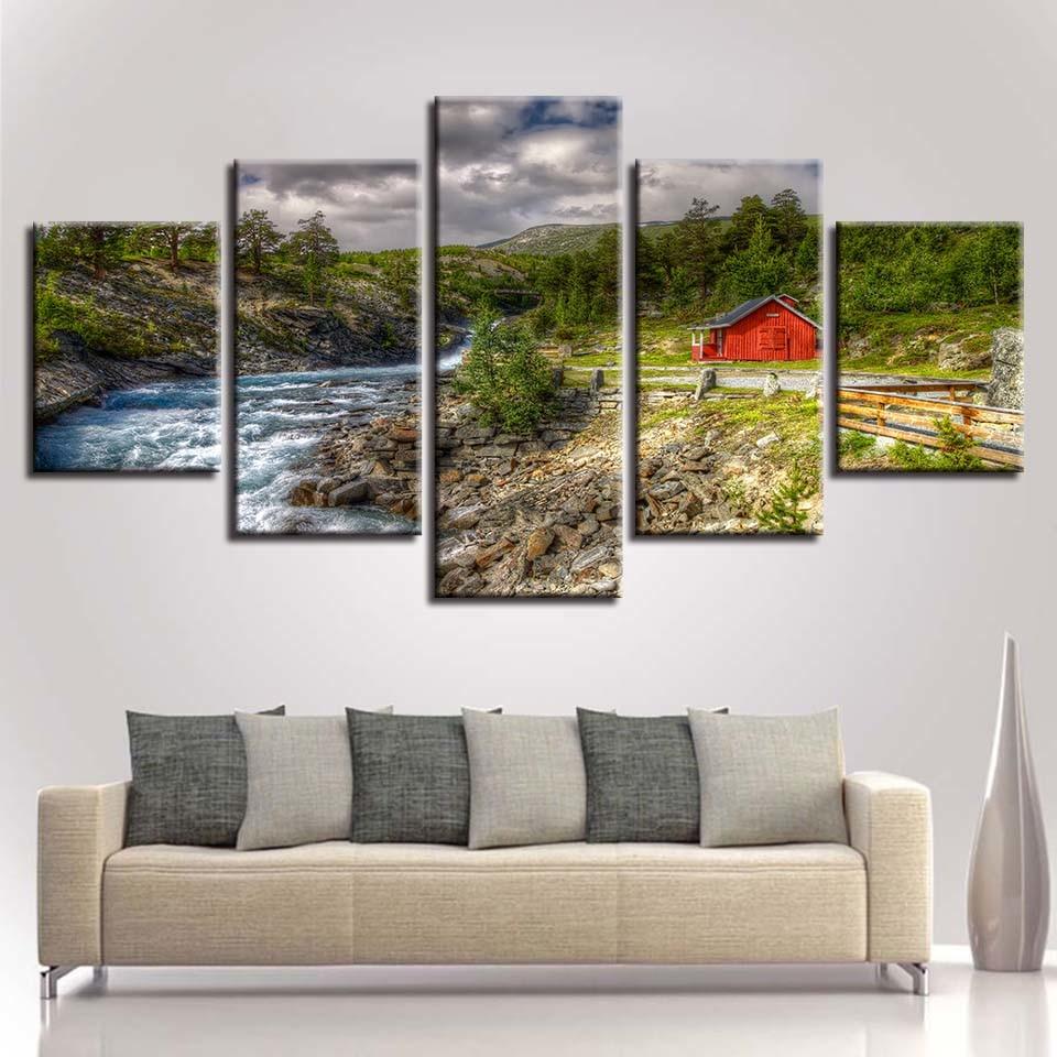 Red House And River Mountain Green - Nature 5 Panel Canvas Art Wall Decor Red House And River Mountain Green - Nature 5 Panel Canvas Art Wall Decor